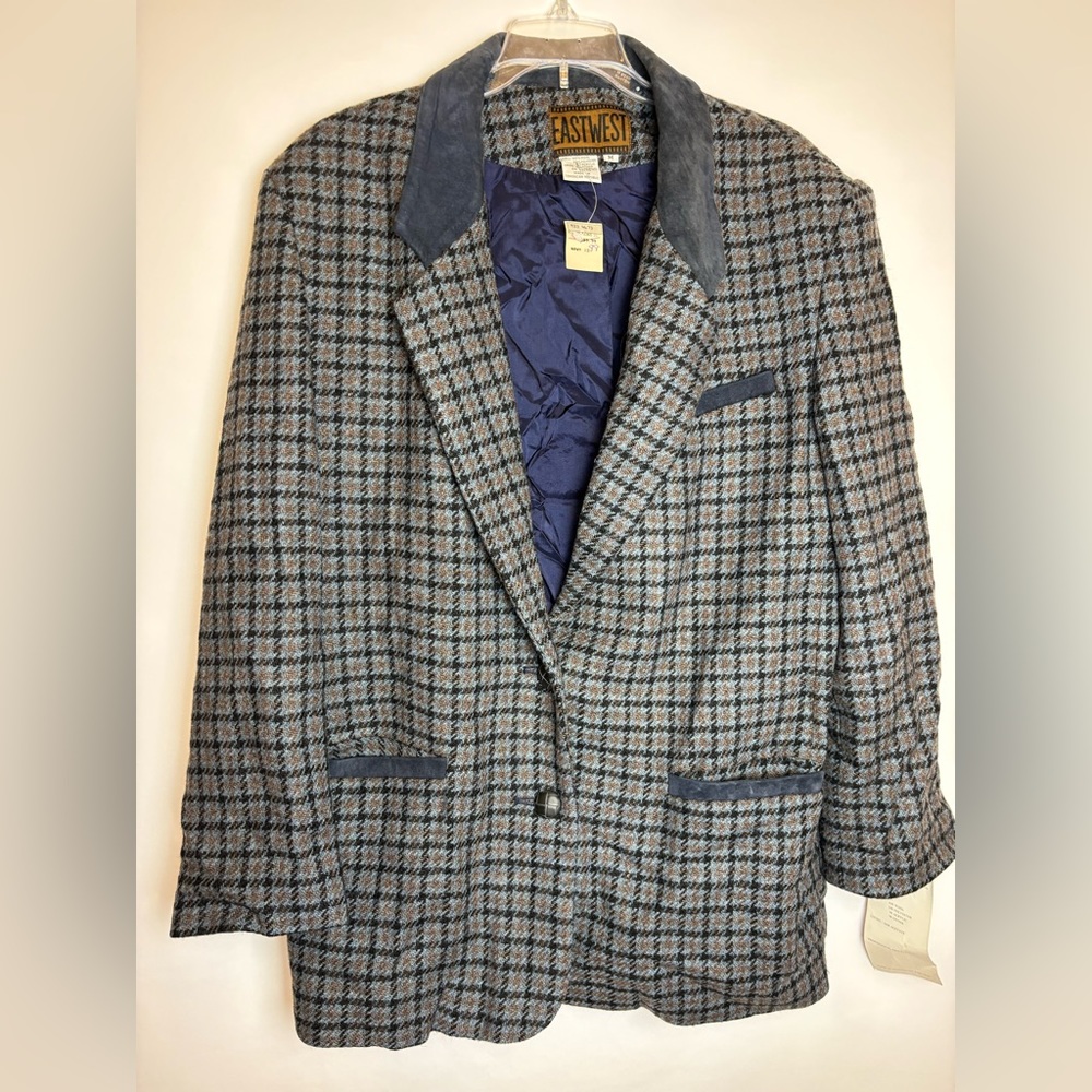 East West wool blend men’s blazer NWT size medium Hound tooth blue/grey